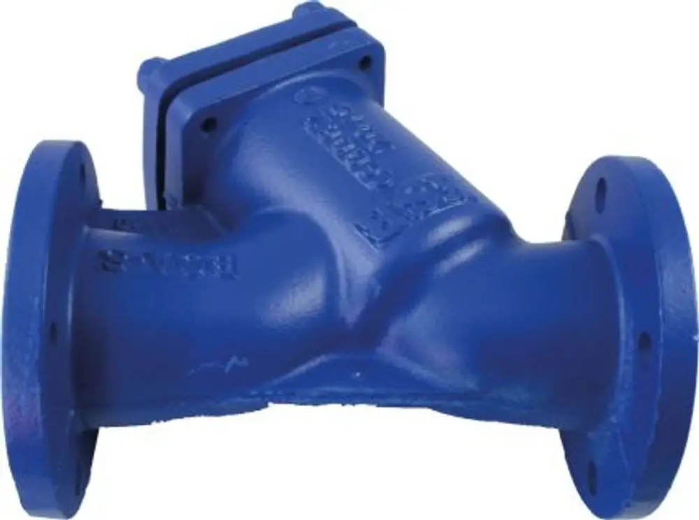Blauer Schmutzfänger mit Flanschanschlüssen, hergestellt von Wolf, geeignet für den Einsatz in Gasbrennwertkesseln zur Filtration von Schmutz und Partikeln.